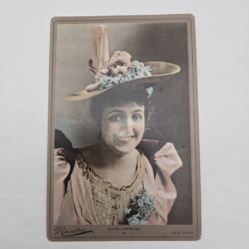 Antique Clara Lippmann Tobacco Cabinet Card 1900s New York Color Newsboy Actress